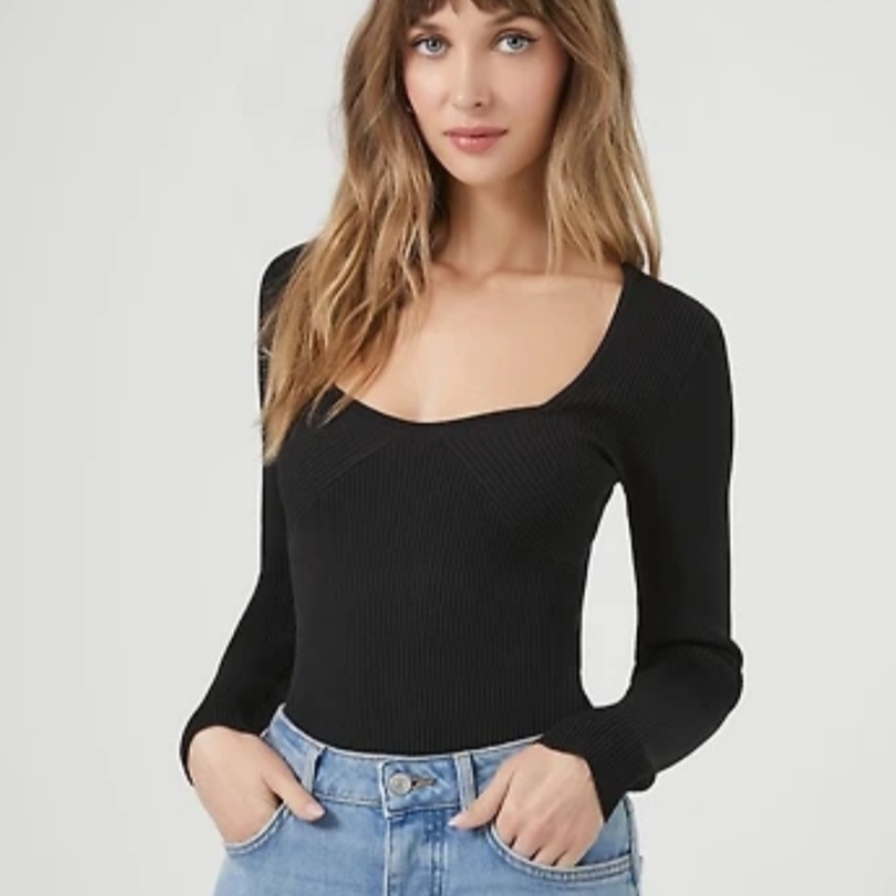 ABERCROMBIE & FITCH Long Sleeve Ribbed Sweater Bodysuit Black SIZE Small